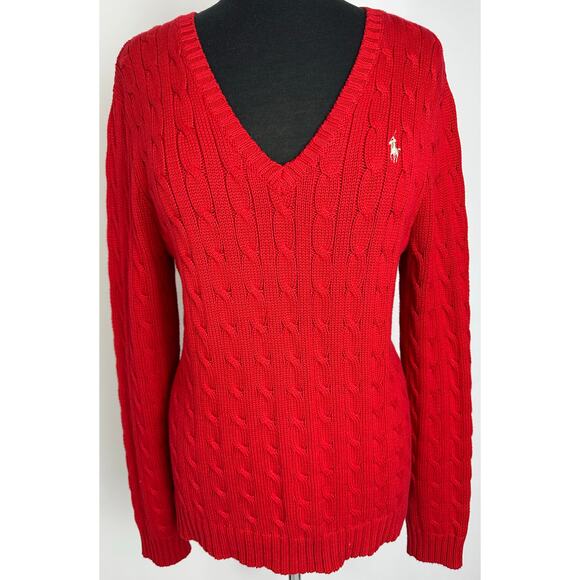 Ralph Lauren Sweaters - Ralph Lauren Size XL Women's Cable Knit V-Neck Sweater Fisherman Gold Pony Red